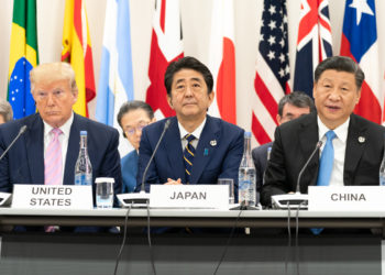 President Donald J. Trump, seated next to Japanese Prime Minister Shinzo Abe, listens as China’s President Xi Jinping, right, delivers remarks at the G20 Leaders Special Event on the Digital Economy at the G20 Japan Summit Friday, June 28, 2019, in Osaka, Japan. (Official White House Photo by Shealah Craighead)