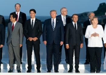 President Donald J. Trump joins the G7 Leadership and Extended G7 members as they pose for the “family photo” at the G7 Extended Partners Program Sunday evening, Aug. 25, 2019, at the Hotel du Palais Biarritz, site of the G7 Summit in Biarritz, France. (Official White House Photo by Andrea Hanks)