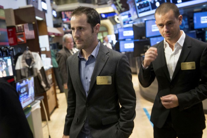 Evan Williams, left, and Jack Dorsey, co-founders of Twitter, on the floor of the New York Stock Exchange in 2013