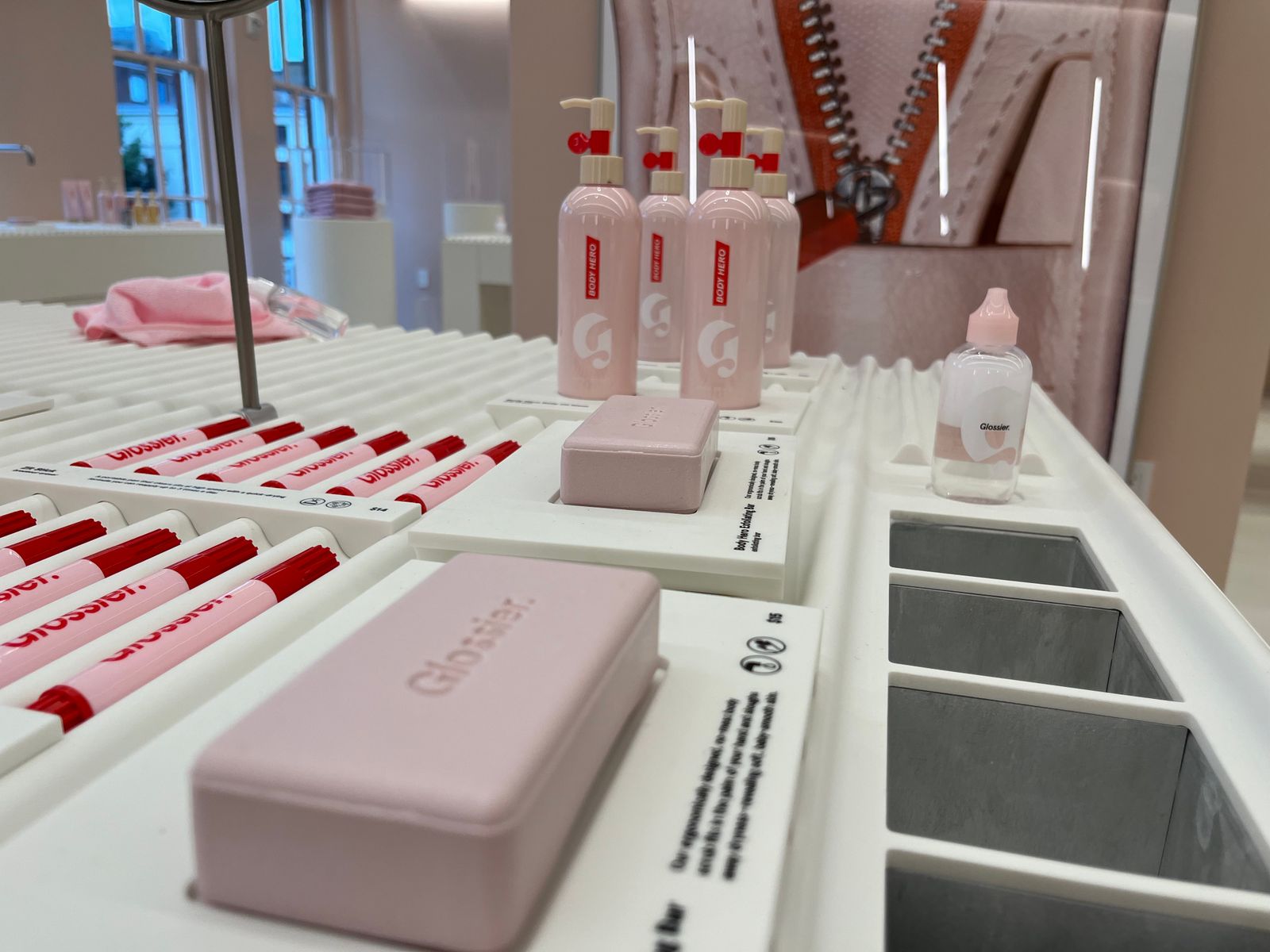 A close-up of a display of Glossier products at the brand's Washington, D.C. store.